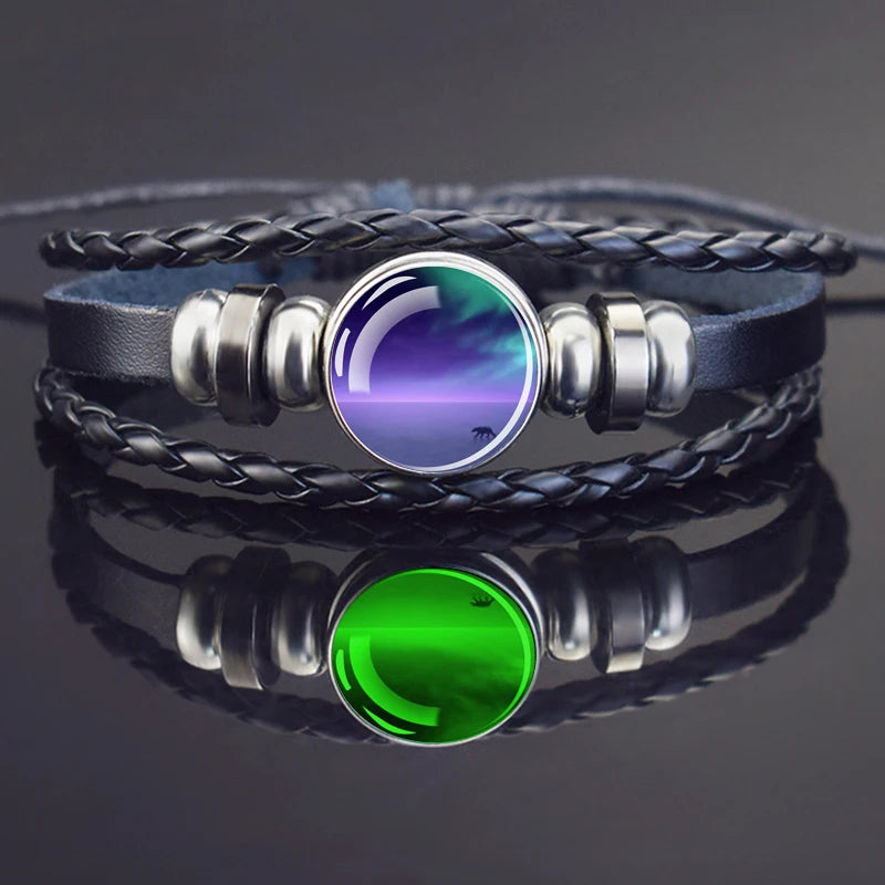 Steampunk Luminous Bracelet - Northern Lights Glass Cabochon Leather Bangle