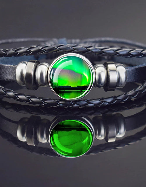 Load image into Gallery viewer, Steampunk Luminous Bracelet - Northern Lights Glass Cabochon Leather Bangle
