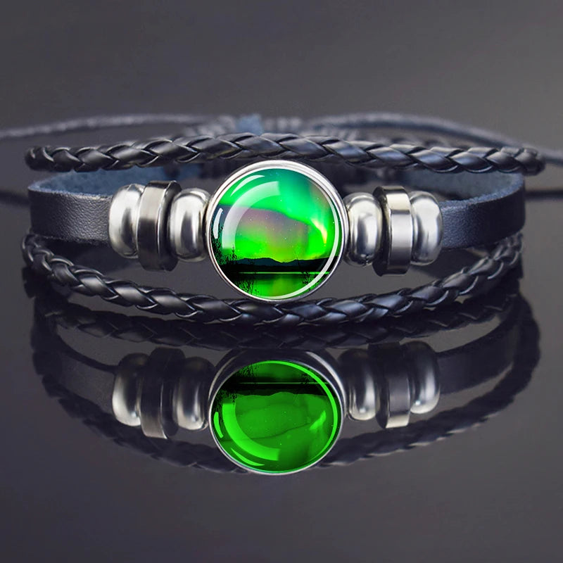 Steampunk Luminous Bracelet - Northern Lights Glass Cabochon Leather Bangle
