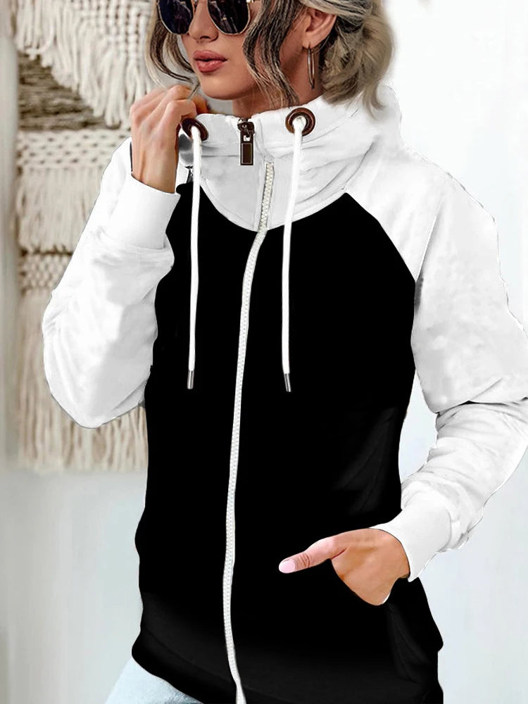 Women's Plus Size Winter Hoodie - Contrast Color Zipper Coat