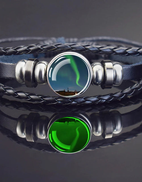Load image into Gallery viewer, Steampunk Luminous Bracelet - Northern Lights Glass Cabochon Leather Bangle
